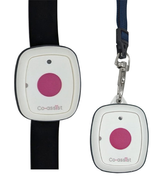 bouton d'appel blanc étiquette cloche Co-assist et bouton d'appel bouton rouge