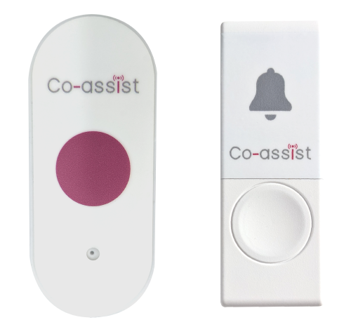 bouton d'appel blanc étiquette cloche Co-assist et bouton d'appel bouton rouge