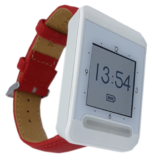 montre de profil bracelet cuir rouge affichage de l'heure digital