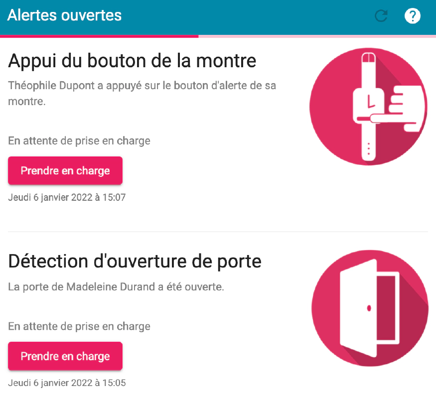 bloc alertes ouvertes : appui du bouton de la monte et détection d'ouverture de porte, vue compte Co-assist