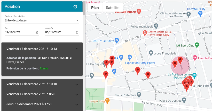 Relevés Co-assist relevés de position, points de géolocalisation sur une carte