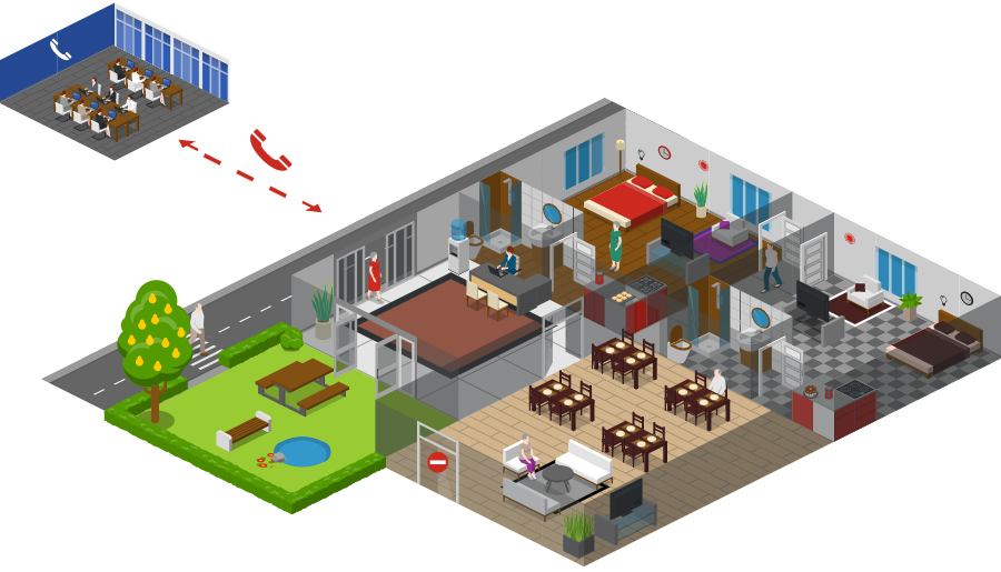 Résidence Autonomie en 3D avec jardin, une rue, deux appartements, une salle commune et un accueil. Des points positionnés à différents endroits de la résidence autonomie recensent les enjeux