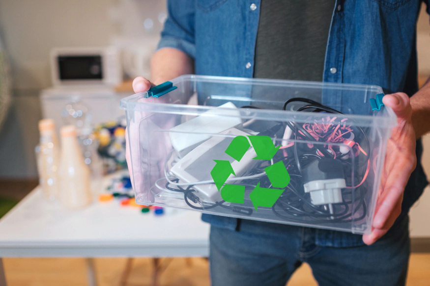 homme tient une caisse remplie de déchets électroniques à recycler
